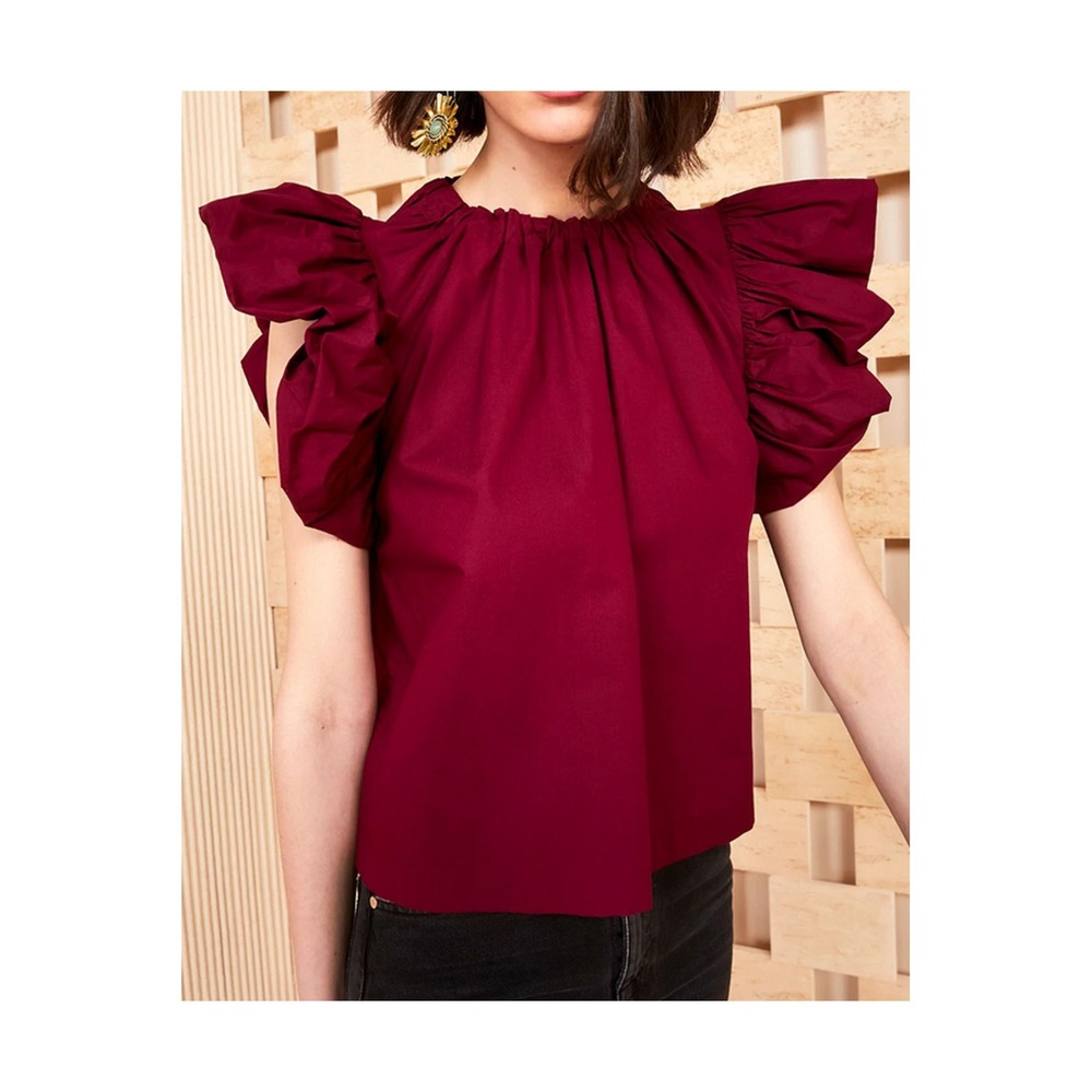 Ulla Johnson Bordeaux Leigh Flutter Sleeve Top Burgundy Cotton Blouse 6 AW2022